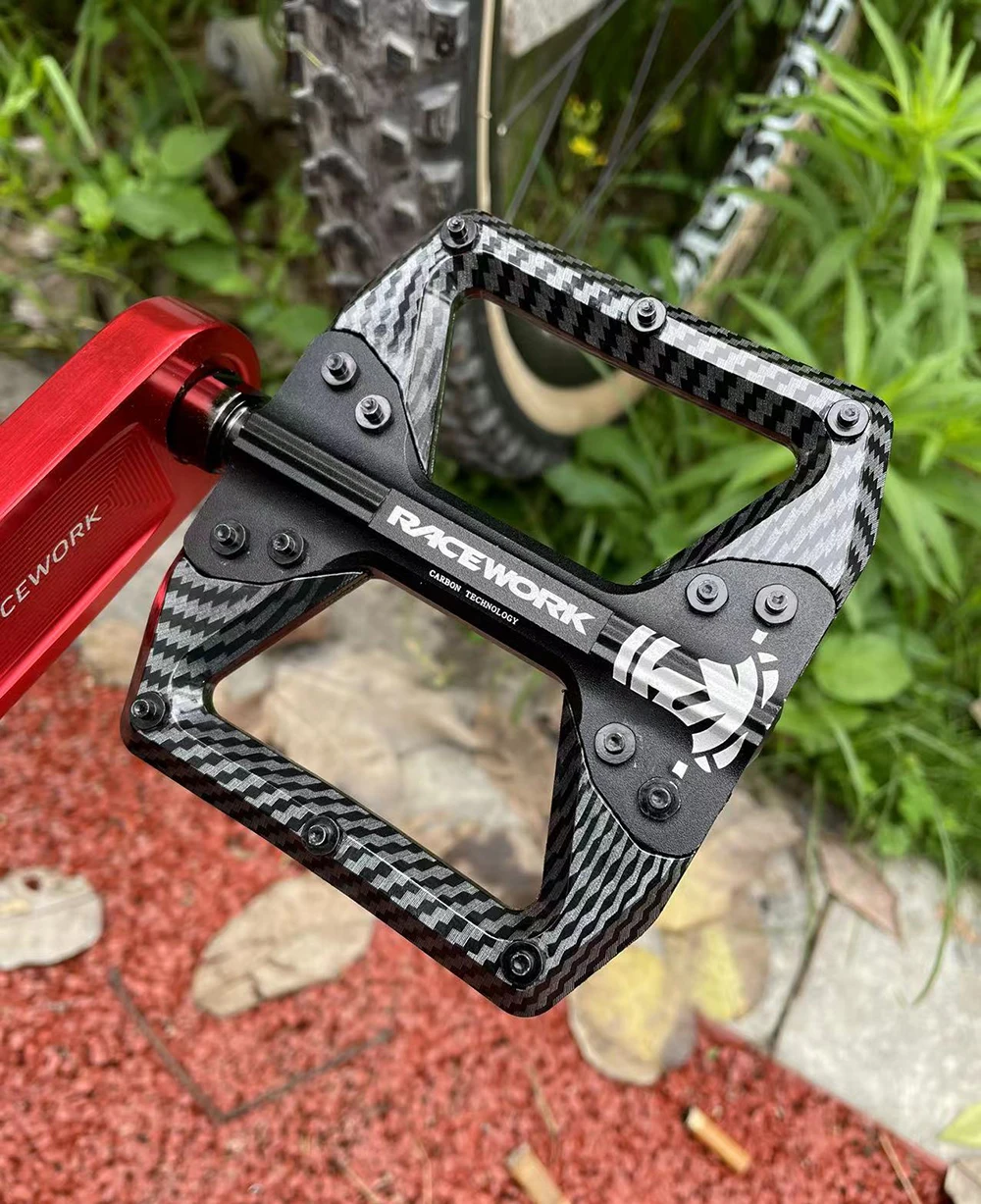 RACEWORK Bicycle Pedals 3 Bearings Mountain Road Bike Carbon Fiber Coating Ultralight Flat Pedal MTB Aluminum Alloy Nylon Pedal