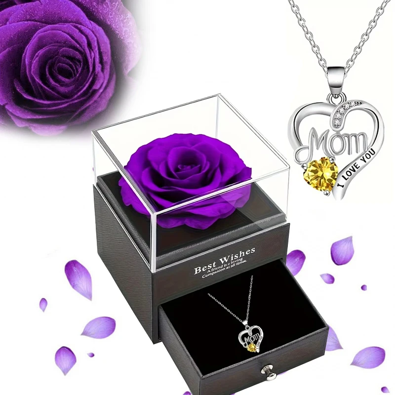 Luxury Soap Rose Gift Box with Purple Rose & "MOM I Love You" Heart Pendant Necklace - Elegant Mother's Day Anniversary