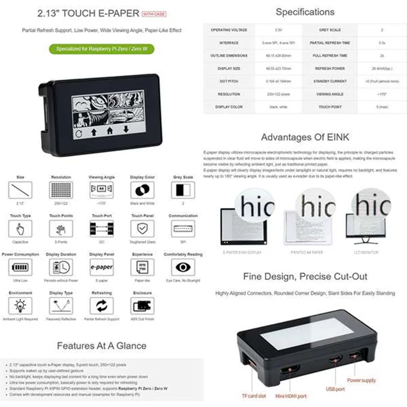 T24C 1Set Parts Accessories For Raspberry Pi Zero 2.13 Inch Multifunctional Portable Touch Ink Screen 250X122 Resolution With Ca