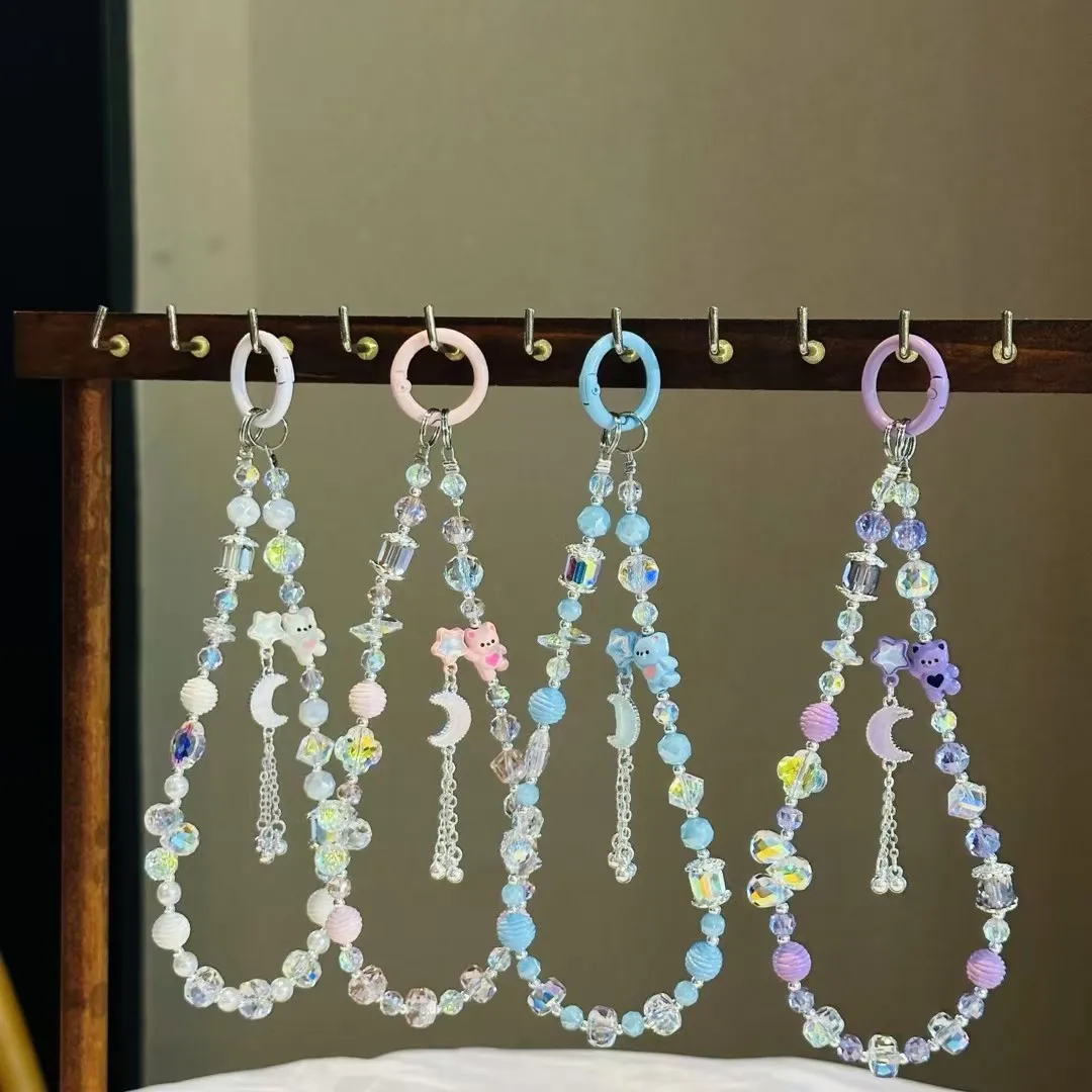 

Trendy Gentle Woman Girl Cute Colorful Phone Bag Decorate Pendant Short Pearl Crystal Shining INS Butterfly Wrist Strap Keychain