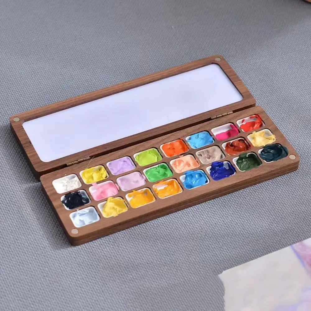 Durable Empty Portable Watercolor Palette with Cover Rectangle Wood Paint Tray 24 Grids Sturdy Color Mixing Box Aquarelle