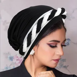 Classic Color Block Braided Hijab Turban Hats Solid Color Elastic Head Wraps Breathable Beanies Ramadan Chemo Cap For Women