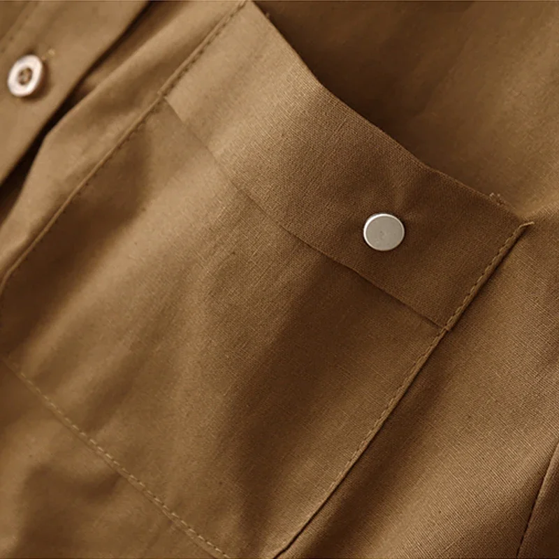 팝 오피스 레이디 폴로 칼라 셔츠 드레스 뉴 여름 드로우 스트링 포켓 미디 드레스 솔리드 빈티지 데일리 드레스 streetwear