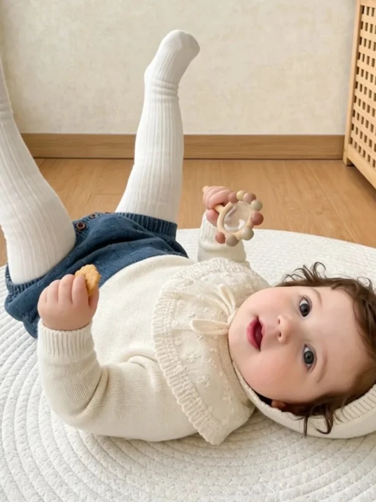 Cute autumn baby boy girl big collar dot patchwork fabric long sleeve knitted yarn jumpsuit bag fart Rompers crawling clothes