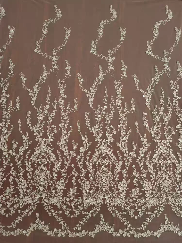 ゴージャスなヘビービーズレース素敵な輝くスパンコールミニフラワー生地ブライダルウェディングドレスレース
