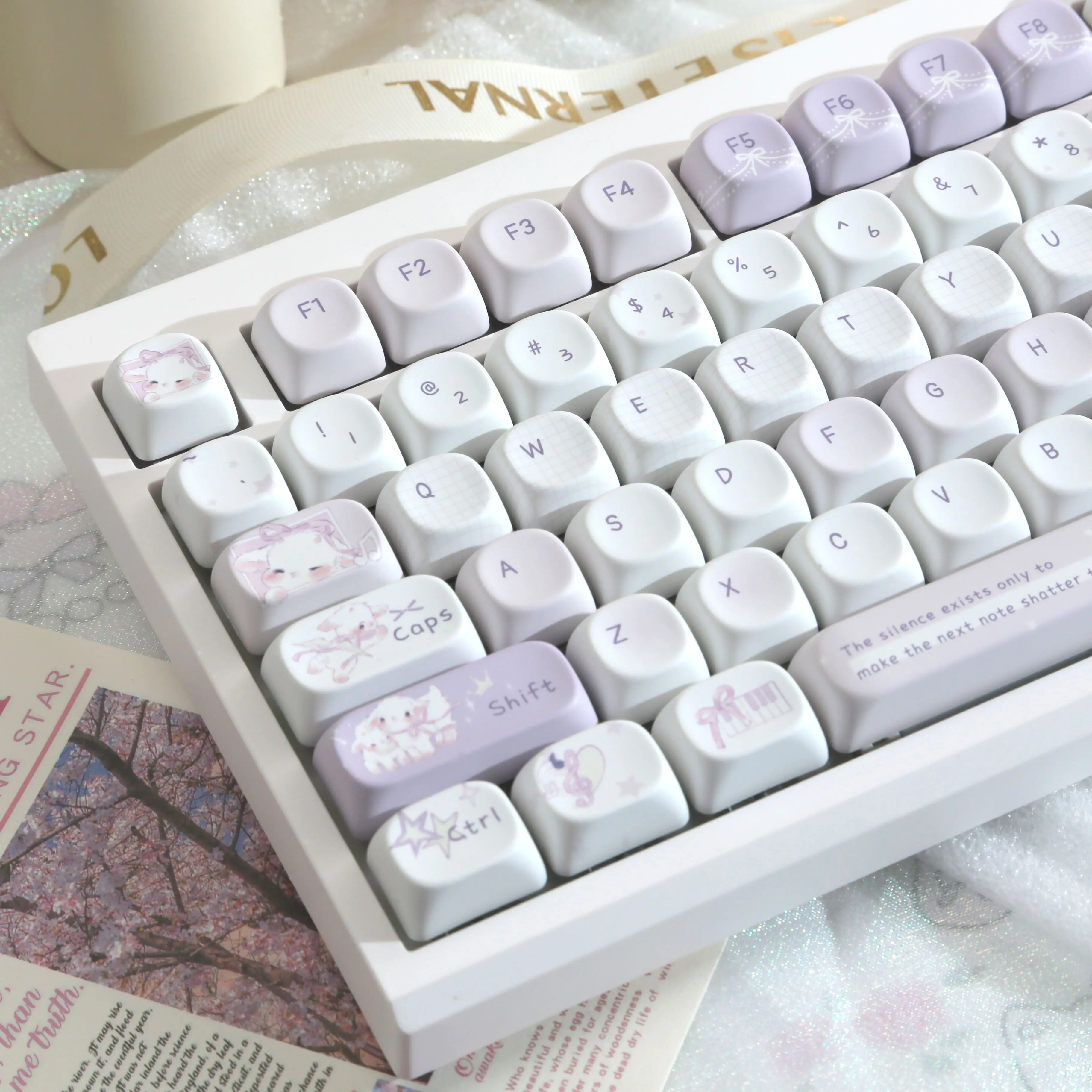 129 Keys Kawaii Purple Keycaps Cute PBT Five-Sided Sublimation MOA Cartoon Keycap Design for Gaming Mechanical Keyboard