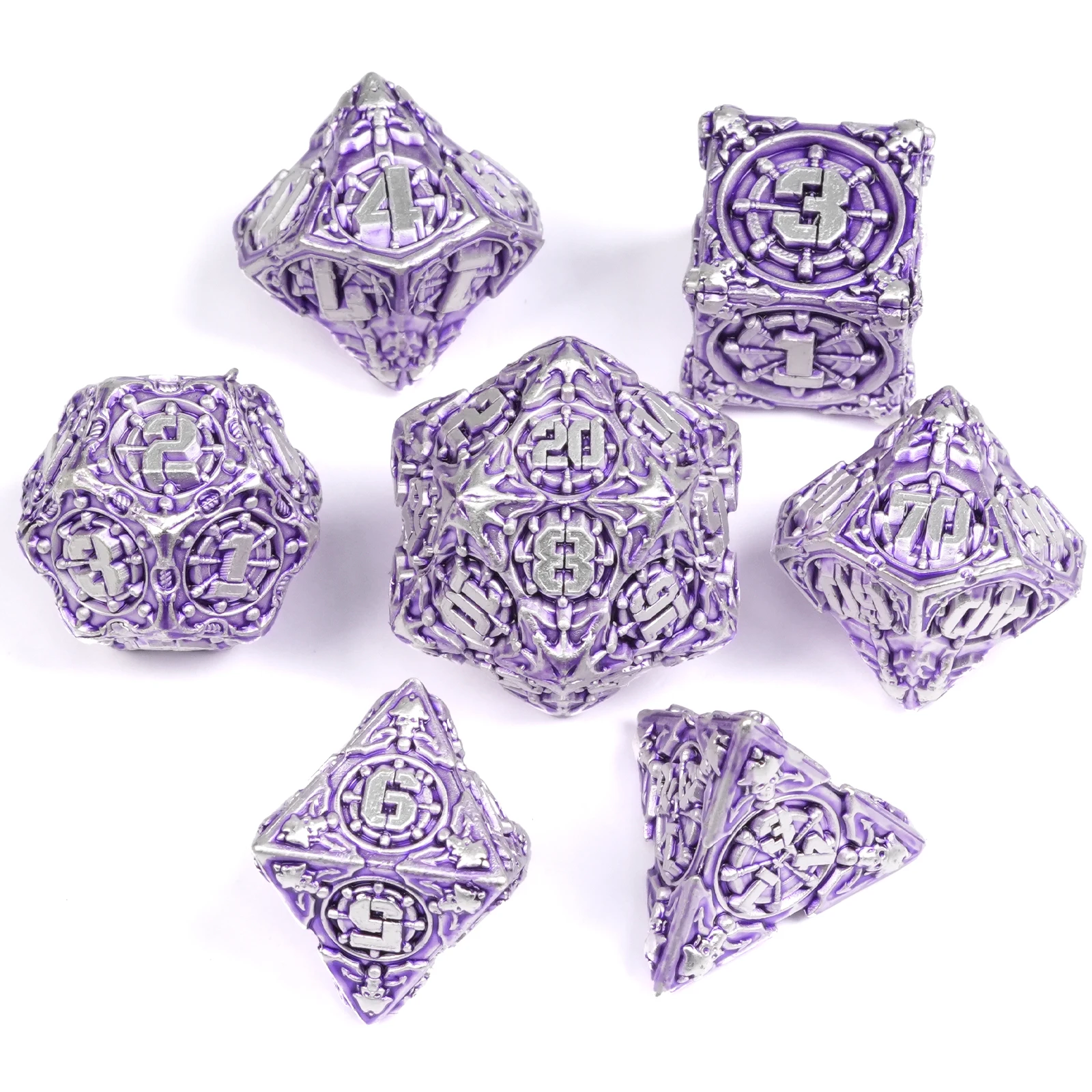 Sliver-Purple 7pcs DND Metal Dice Set Multi-sided Polyhedral Dice for D&D Game COC Role Playing Board Math Tabletop RPG Game