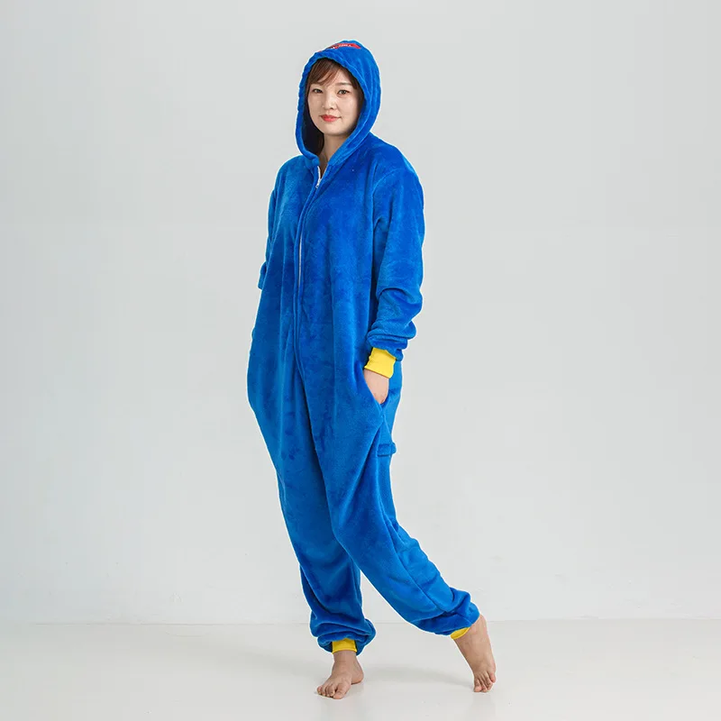 

Big Mouth Blue Monster Hooded Flannel One-piece pajamas Cartoon Button Onesie Couple Sleepwear Halloween Cosplay Leisure wear