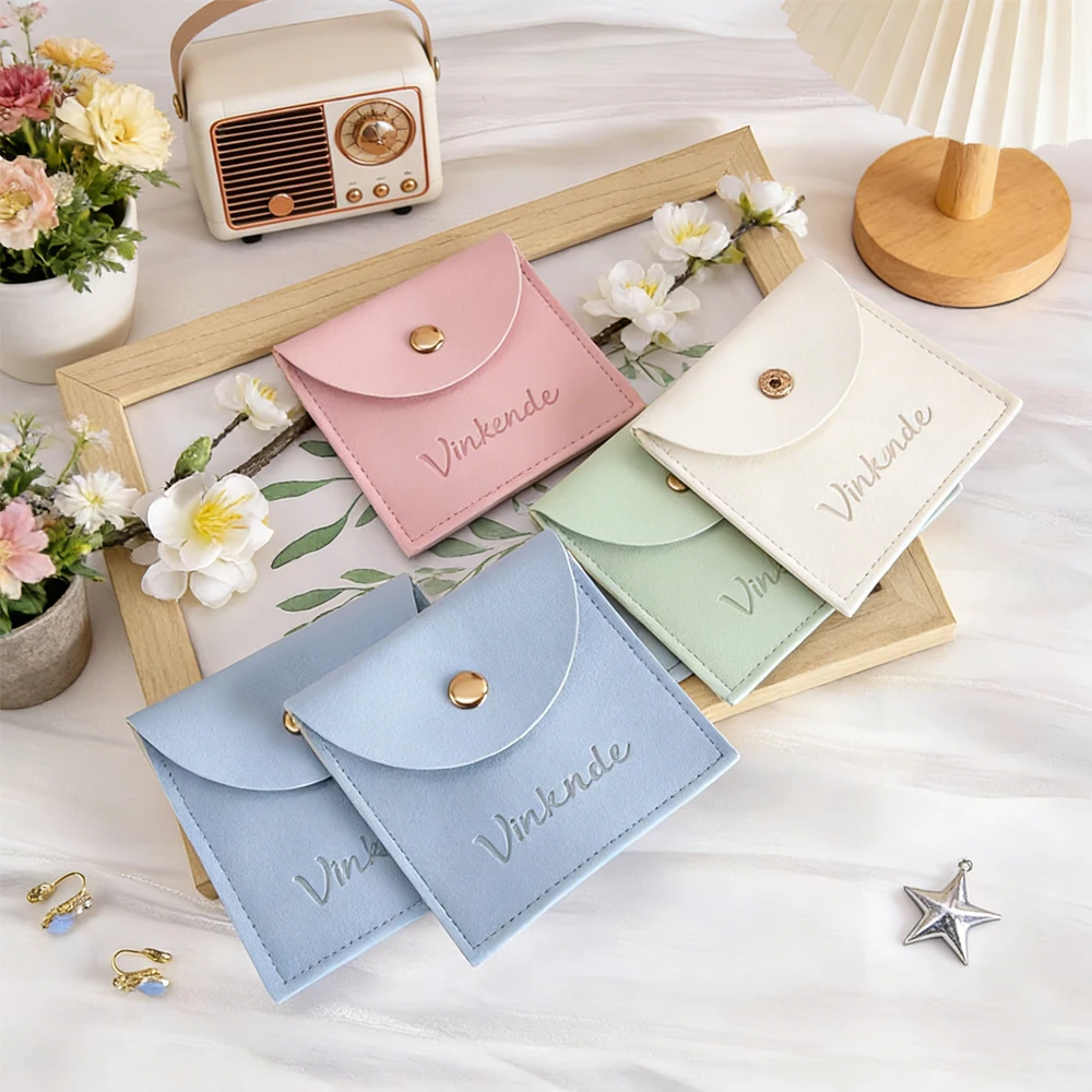 

50Pcs PU Leather Jewelry Bag Necklace Ring Bracelet Storage Organizer Semi-circular Snap Button Pouch Gift Packaging Print Logo