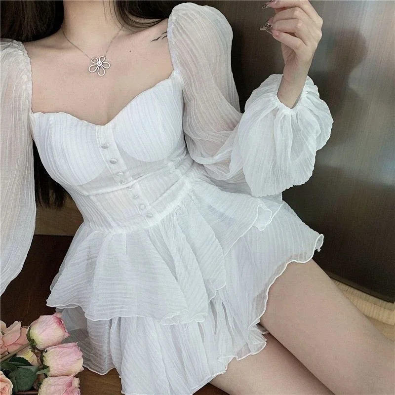 Size L / 4XL mini white dress Women summer chic hotfix chiffon princess dress girls sweet Lolita lantern sleeves dress Black