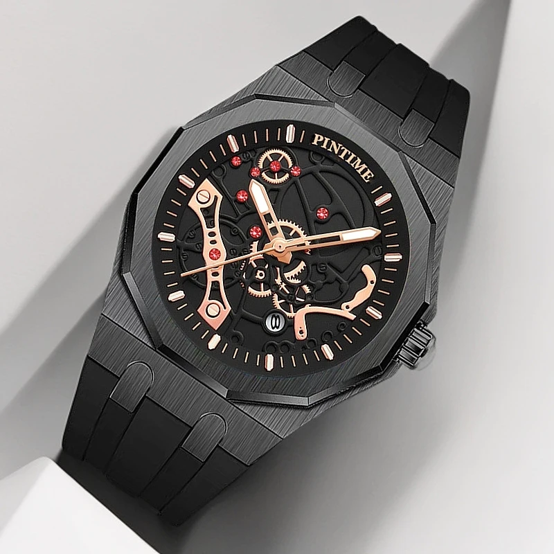 PINTIME Men Quartz Watch Mechanical Style Dial Design Fashion Business And Leisure Style Men And Women Quartz Watch