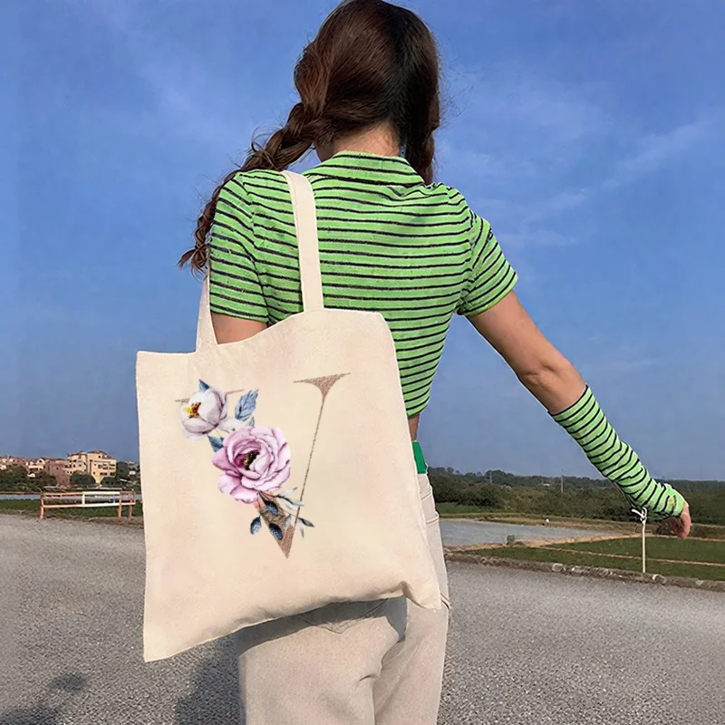 1pc Personalized Letter Floral Canvas Tote Bag, Custom Initial Flower Print Shoulder Bag, Reusable Casual Shopping Organizer