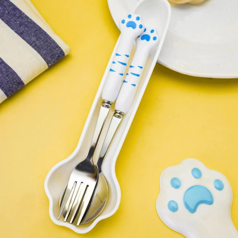 Cute Cat Paw Cutlery Set Stainless Steel Fork Spoon with Storage Box Dinnerware Tableware Silverware Lunch Bento Accessories