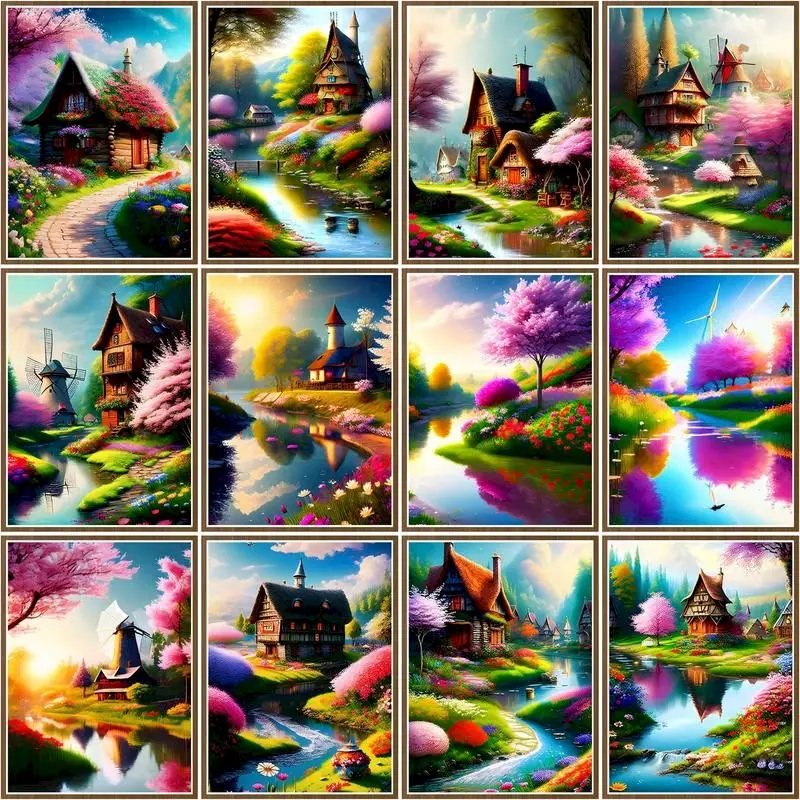 

CHENISTORY 5d Diamond Painting Scenery Of Houses In The Mountains Diamond Mosaic Cross Stitch Embroidery Crafts On The Wall