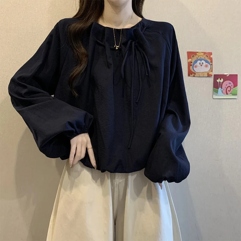 

Ele Striped Long Sve irt Women's Dstring Casual Sle Loose Fit Slimming Top Faionable Autumn 2025 New Arrival