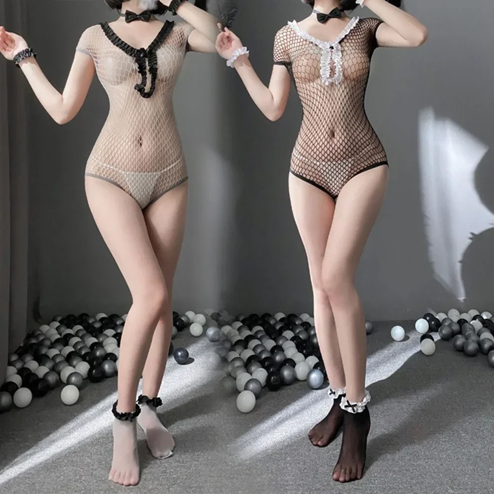 Womens Sexy Lingerie Sexy Net Clothes Sexy Hollow Fishnet Drum Jumpsuit For Women  Lingerie Long Sleeve Mesh Bodystockings Teddy