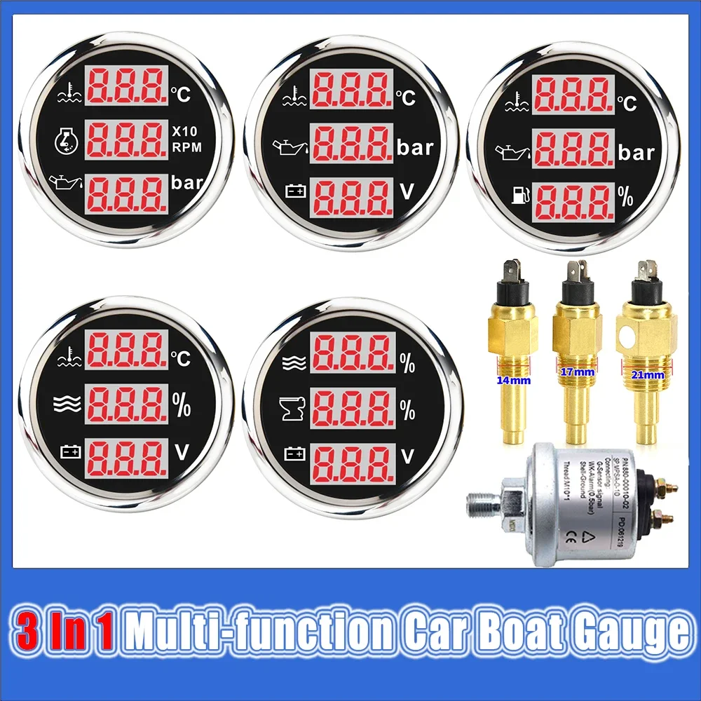 

3 In 1 Multi-function Car Boat Gauge Water Temperature/oil Pressure/voltage/fuel/water Level/sewage Meter with Red Backlight