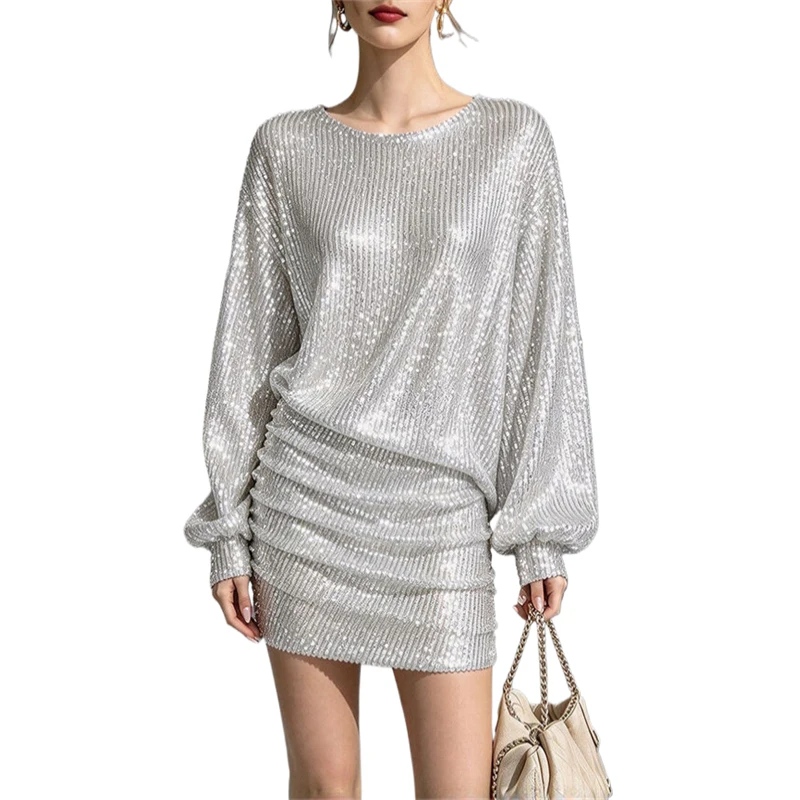 Damen Pailletten-Minikleid mit langen Ärmeln, glitzerndes Diamant-Bodycon-Kurzkleid für Partys, sexy, süß, für Nacht, Festival, Clubwear, glänzendes Kleid – Detail 1