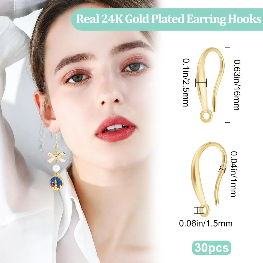 1 Box 30Pcs French Earring Hooks 24K Gold Plated Ear Wire Hooks with Loop Dangle Fish Hook Finding for DIY Jewelry Making