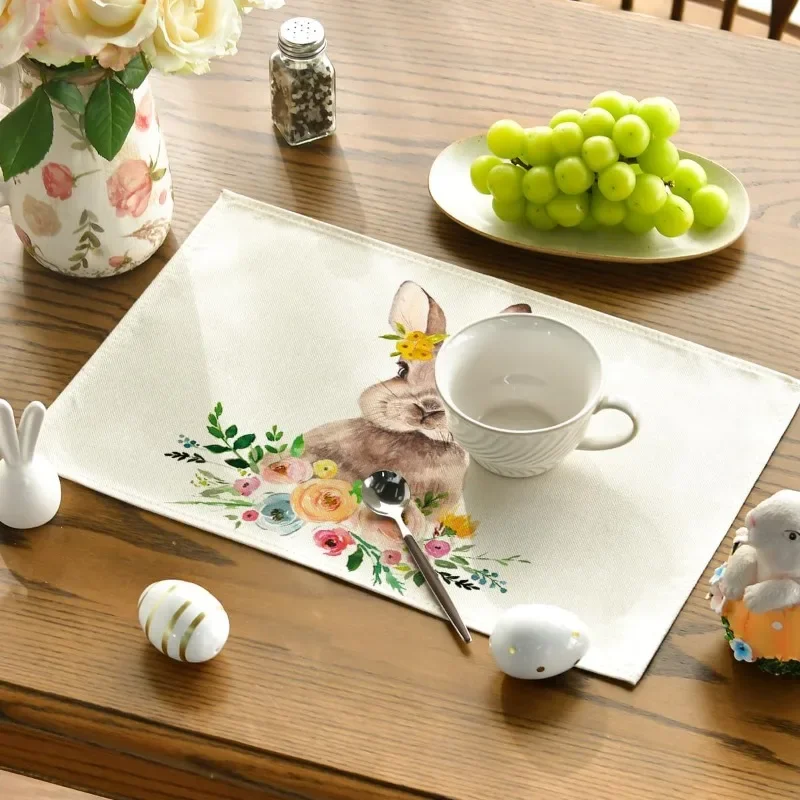 1PC Rabbit Bunny Flowers Easter Placemats for Dining Table Spring Summer Seasonal Holiday Rustic Vintage Washable Table Mat