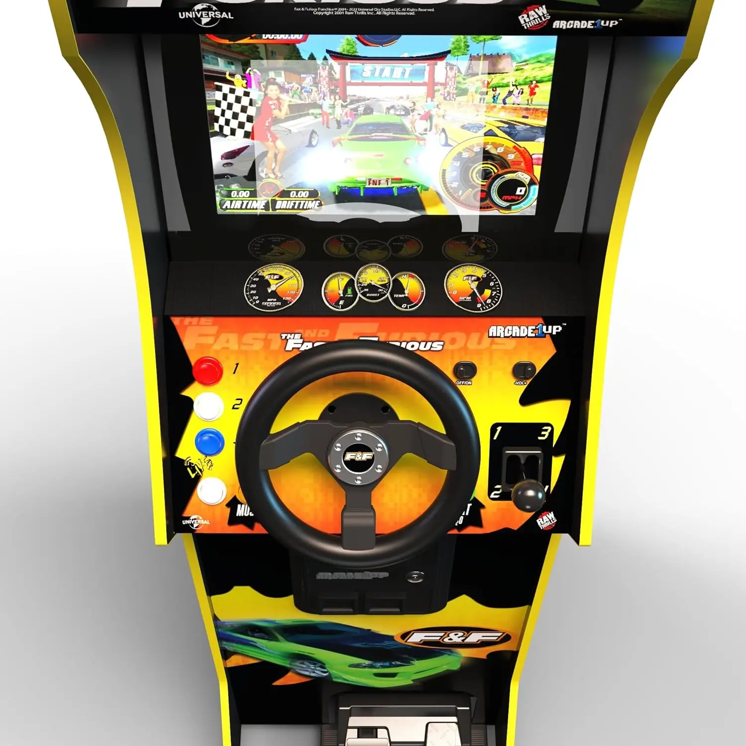 Racing Game Arcade Machine with Steering Wheel, Fast and the Furious Deluxe Cabinet, 4-Position Gear Shift, Driving Simulator