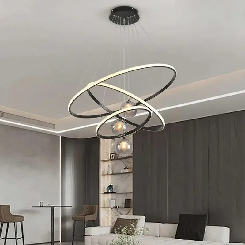 

Black/Golden Modern LED Pendant Lights For Living Room Dining Room Circle Rings Acrylic Aluminum Body Home Decor Hanging Lamp