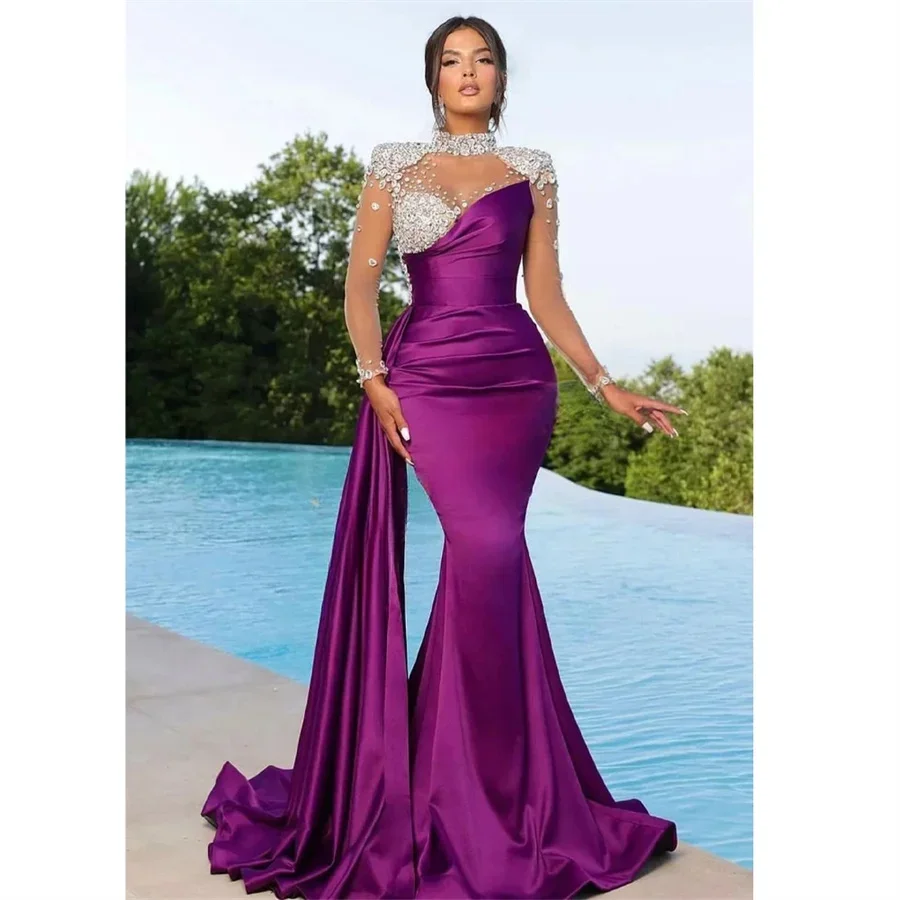 Sexy Mermaid Rhinestones Satin Crystals Evening Gowns For Women Proms High Neck Illusion Custom Made Robes De Soirée