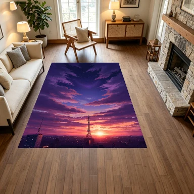 Anime Paris Eiffel Tower Sunset Sky Carpet Floor Mat Romantic Purple Clouds City Landscape Non-Slip Carpet for Bedroom Decoration