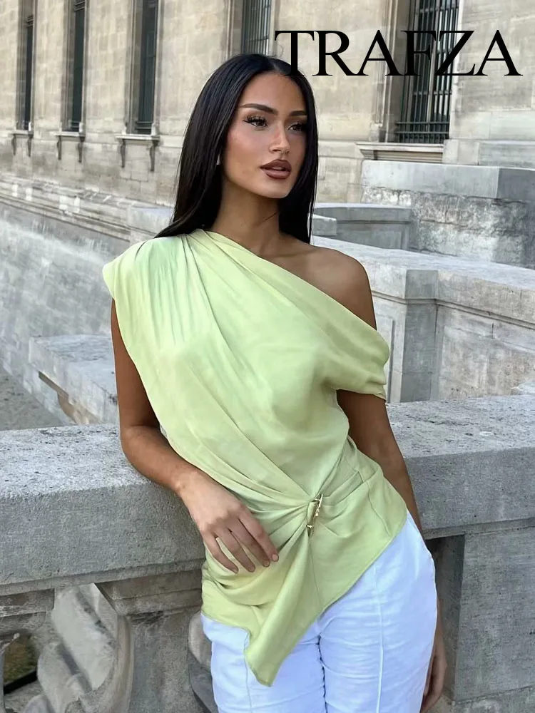 

TRAFZA Women Summer Sexy Design Silk Segment Texture Asymmetric Sleeveless Top Female Elegant Versatile Gold Inlaid Pleated Top