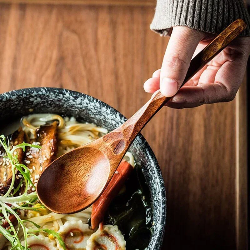 2Pcs Wooden Spoon Long Handled Ramen Soup Spoon Big Japanese Style Kids Rice Dessert Cereal Dinning Spoon Wood Kitchen Tableware