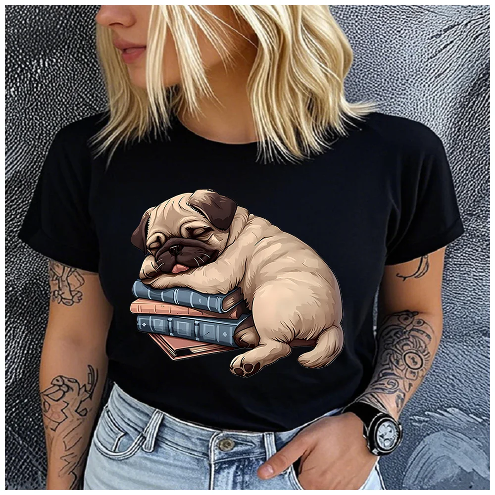 Cotton 100% Sleepy Pug Puppy On Stack Books Print Women T Shirt Book Lover Dog Owner Graphic Crew Neck Casual Short Sleeve Tee
