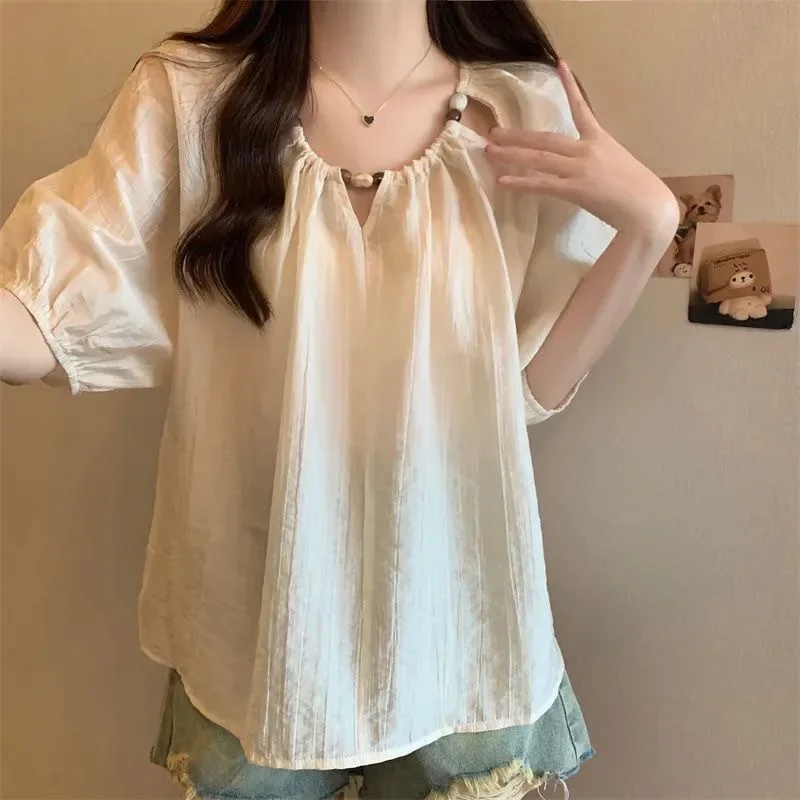 

NICE Plus Size Women's French Style Short Sleeve Shirt Casual Loose Slimming Summer Top Polyester Chiffon Button Up Blouse