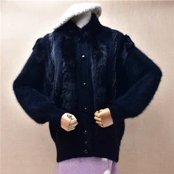 Women Mujer Autumn Winter Clothing Black Vintage Beading Hairy Angora Rabbit Hair Knitted Loose Cardigans Sweater Jacket Coat