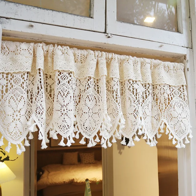 Hollow Crochet Half Curtain Head American Country Cupboard Porch Half Drape Curtain Rustic Floral Coffee Kitchen Short Curtain