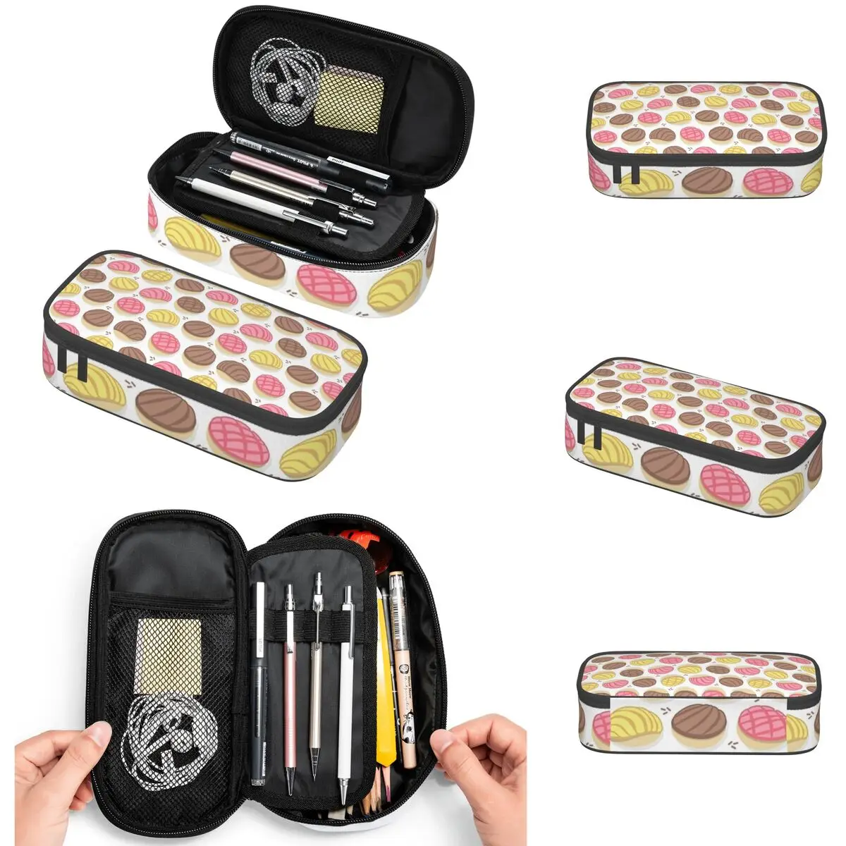 Mexican Conchas White Background Pink Brown And Yellow Pan Dulce Pencil Cases Large Storage Pen Bags Pen Box Pencil Pouch