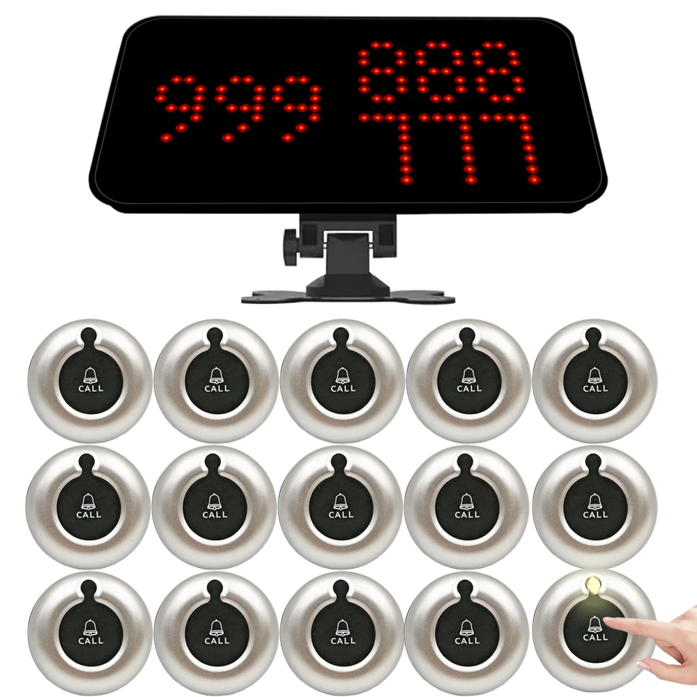 

433 МГц Настольная кнопка вызова службы Ресторан Беспроводная система вызова официанта 1 приемник дисплея 15 передатчиков