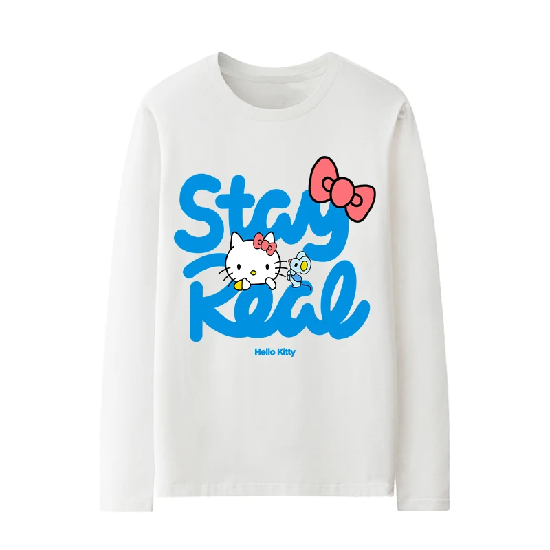 HelloKitty เสื้อยืดผ้าฝ้ายแบรนด์ร่วมสำหรับผู้หญิงแขนยาวเฮลโลคิตตี้หลวมเสื้อผ้าหวานๆสำหรับเด็กผู้หญิงเสื้อยืด