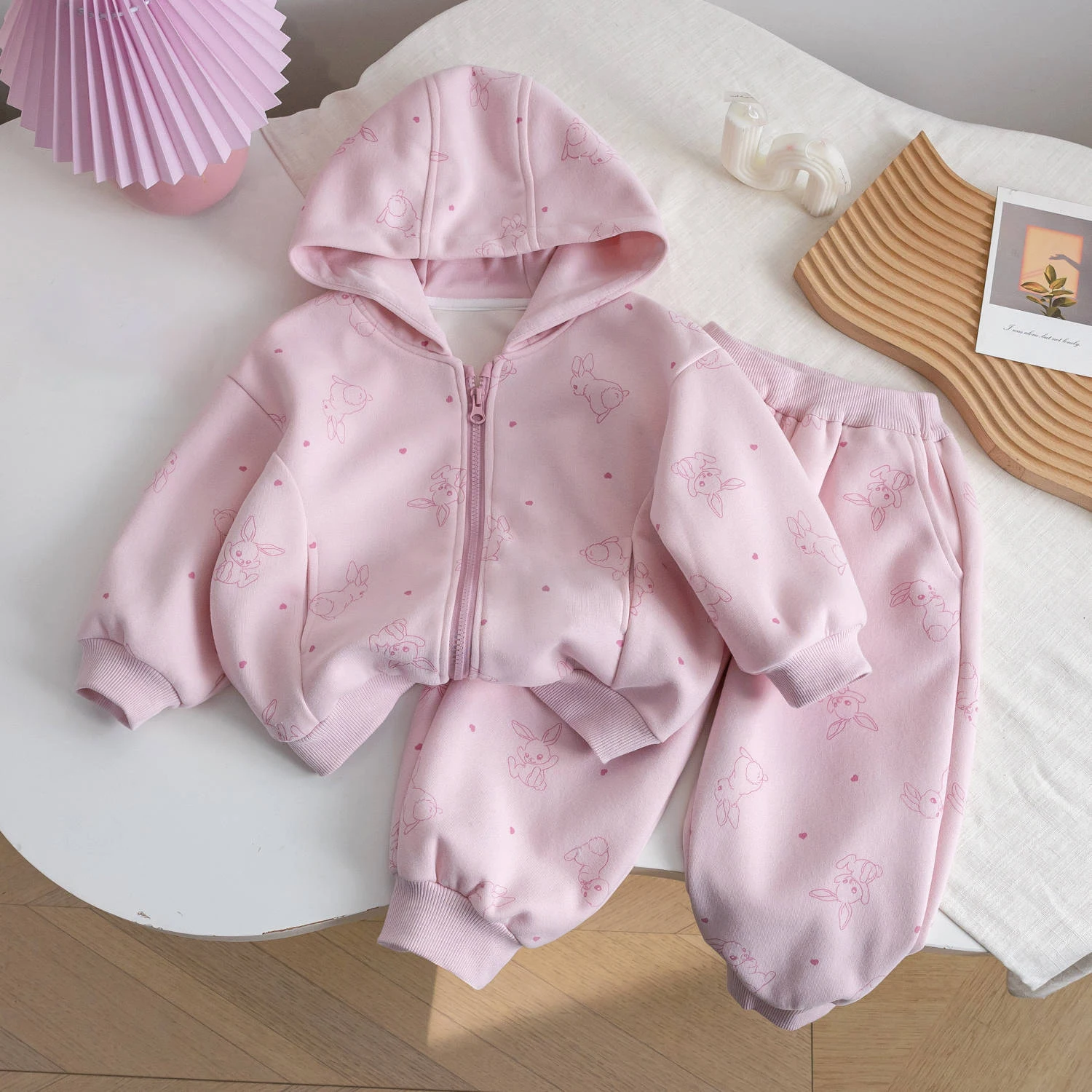 

Pink Rabbit Print Hooded Jacket Set For Girls Spring Autumn Casual Zipper Outerwear Pants 2Pcs Suit Baby Girls Clothing Set