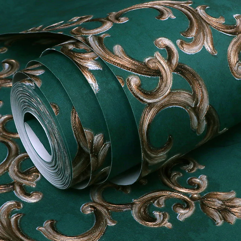 European Style 3D Embossed Wallpaper Luxury Damascus Dark Green Non-woven Wall Paper Bedroom Living Room TV Background Wall Home