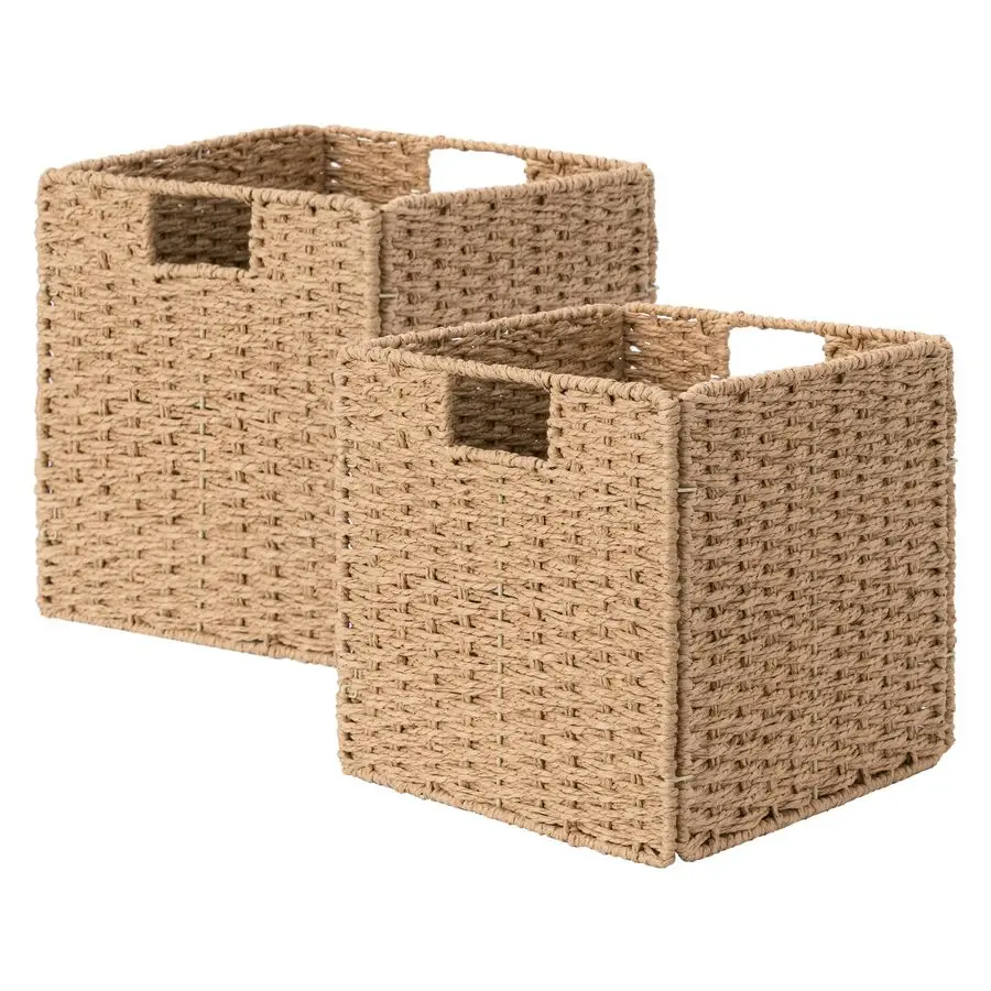

11 inch Wicker Baskets, Handwoven Storage Cubes with Handles, Foldable Paper Rope Basket for Organizing, Natural, 2 Pack