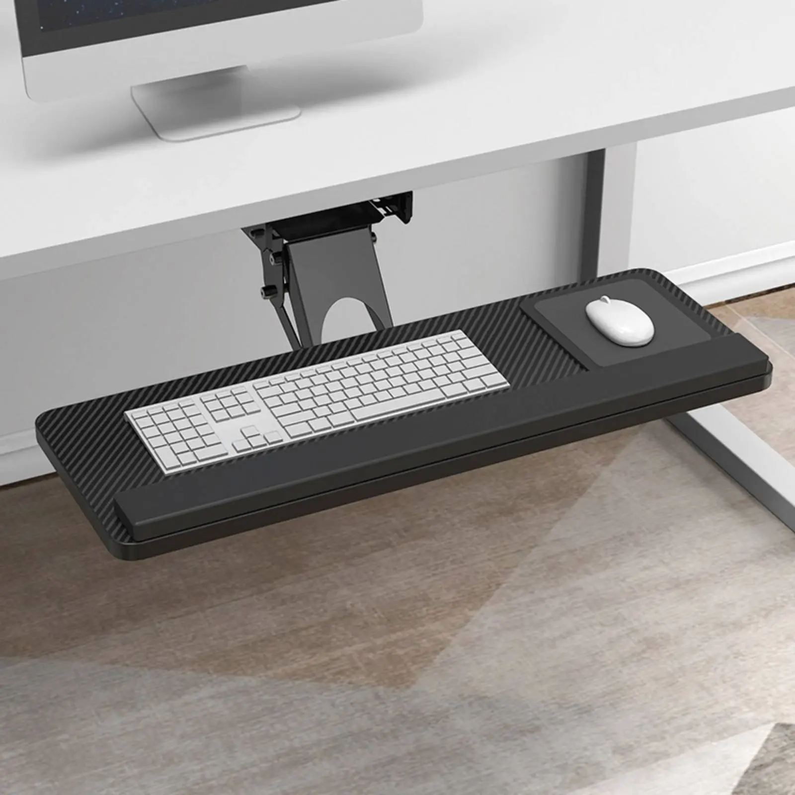 Under Desk Keyboard Tray Clutter Uncluttered Adjustable Keyboard and Mouse Tray Office Accessory Carbon Fiber Texture