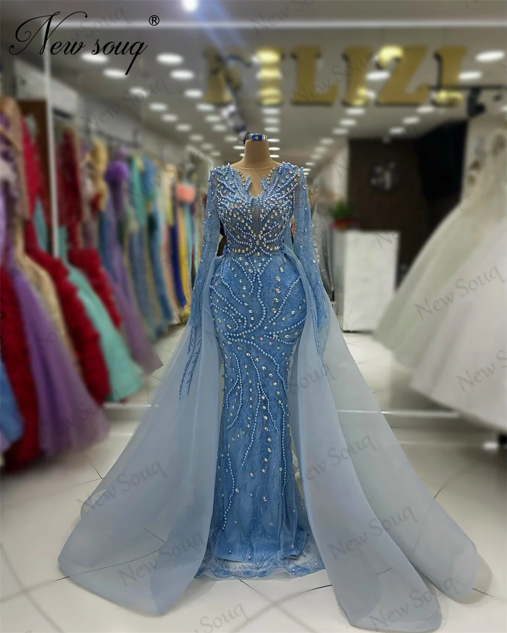 Robe de Soirée de Forme Sirène à Manches sulfet Col Rond, Tenue Élégante, de Couleur Bleue, avec Perles, pour ixd'Anniversaire, Fiançailles, Arabe, Dubaï, 2 Pièces