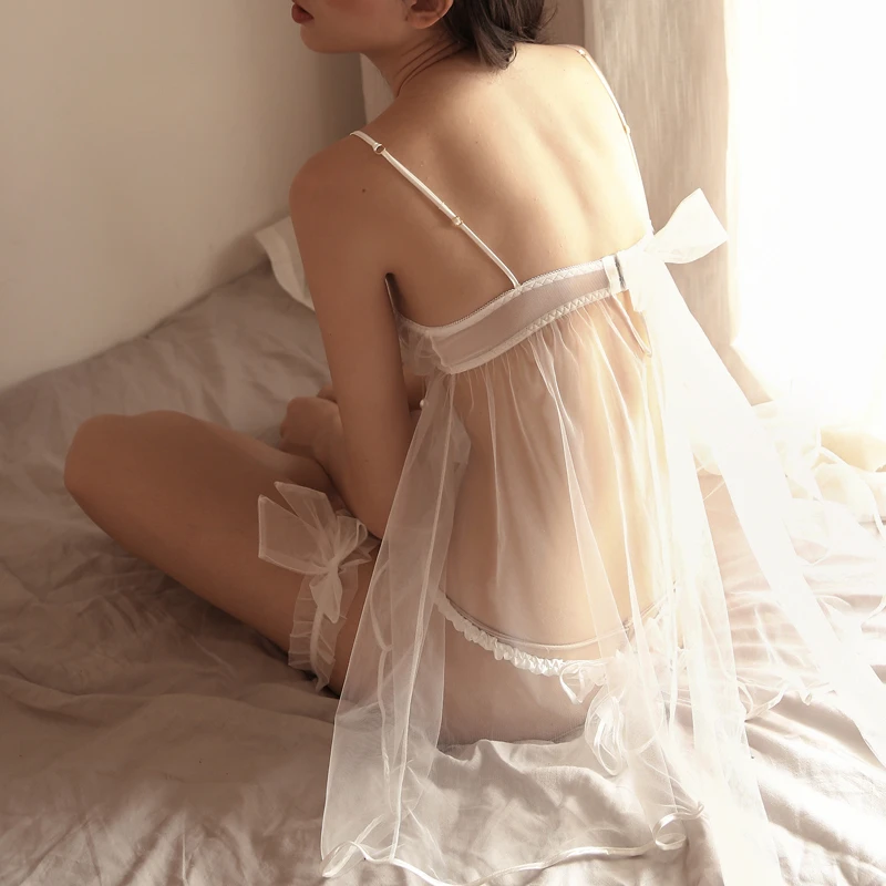 White Wedding Pajamas Woman Sleepwear Sexy Lingerie Nightwear Perspective Mesh Strap Nightdress + Panty Leg Ring 3 Piece Set