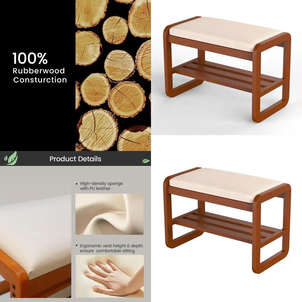 2-Tier Cherrywood Shoe Storage Bench with Cushion, 6 Pair Organizer for Entryway, Small 24 Inch