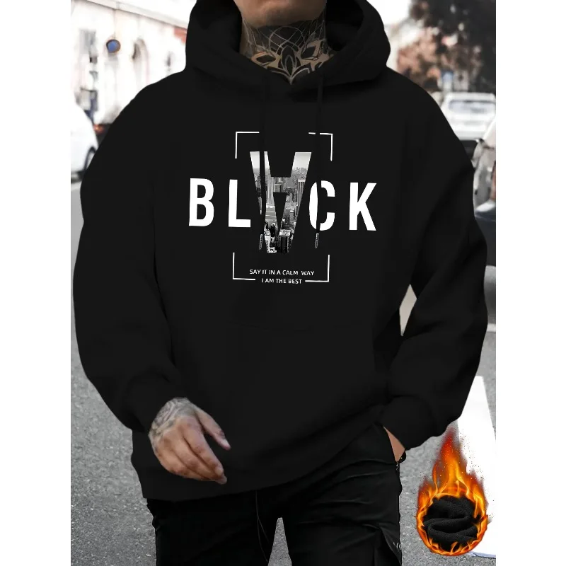 Men's New StyleBlackCalmLetterPrint Casual Hooded Sweatshirt Fashion Drawstring Hooded Comfortable Versatile Long-Sleeved Hooded