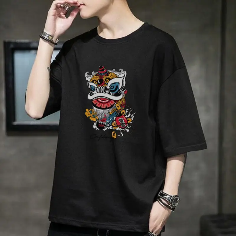 2023 New Summer Chinoiserie Fashion Simple Retro Atmosphere Round Neck Lion Print Oversized Versatile Men's China-Chic T-shirt