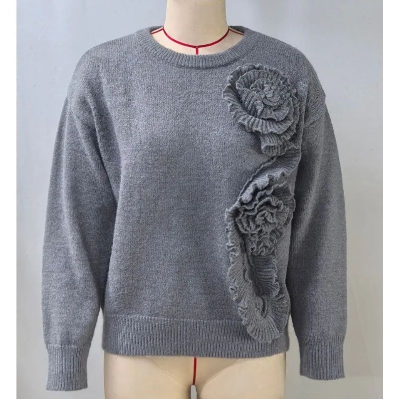 2025 herbst Winter Mode Neue frauen Elegante Gestrickte Kaschmir Pullover Dreidimensionale Blume Farbe Kontrast