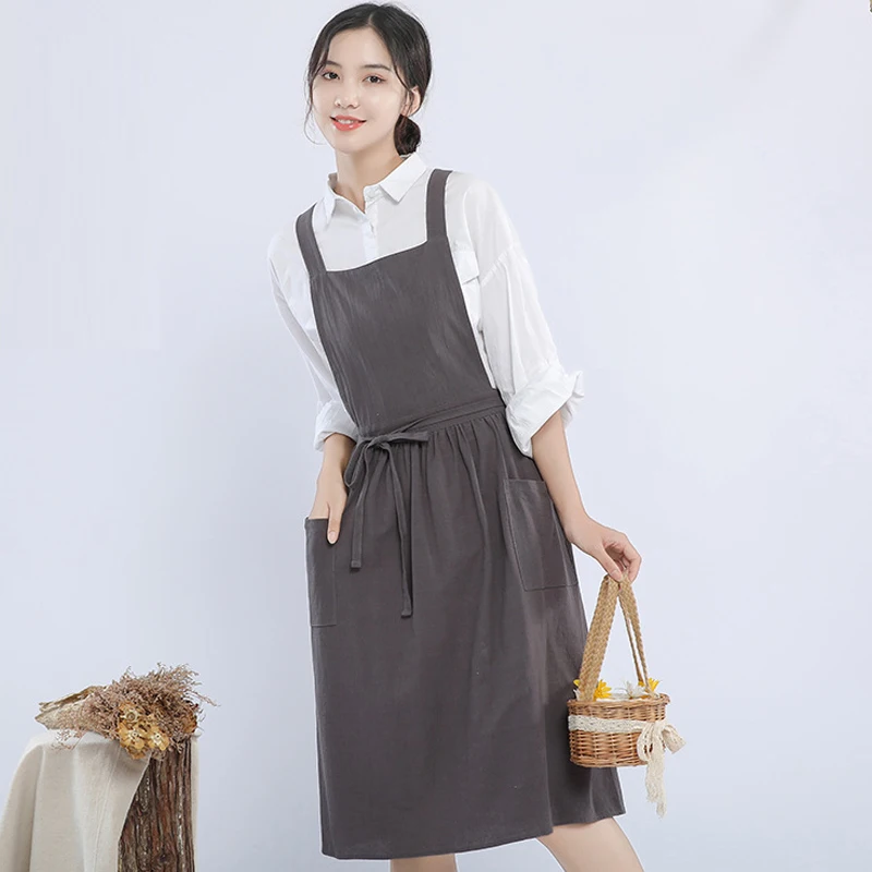 

Brief Nordic Wind Pleated Skirt Cotton Apron Women Girls Vintage Apron Gardening Works Cross Back Pinafore Dress