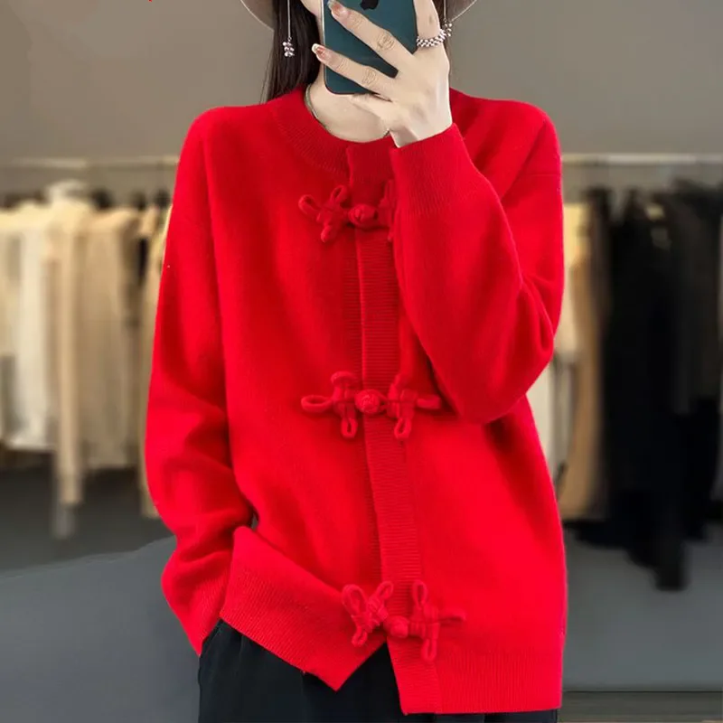 

2026 New Chinese Style Knitted Cardigan Sweater Women Fashion O Neck Disk Buckle Long Sleeve Loose Knitwear Sweater Tops B1332