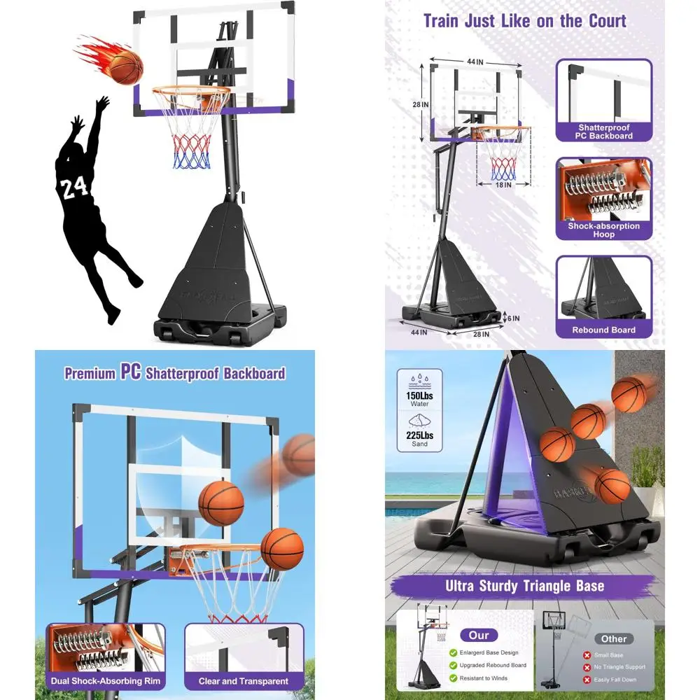 

Portable Outdoor Basketball Hoop with 44/48 Inch Shatterproof Polycarbonate Backboard and Adjustable Height from 5.25 to 10 Feet